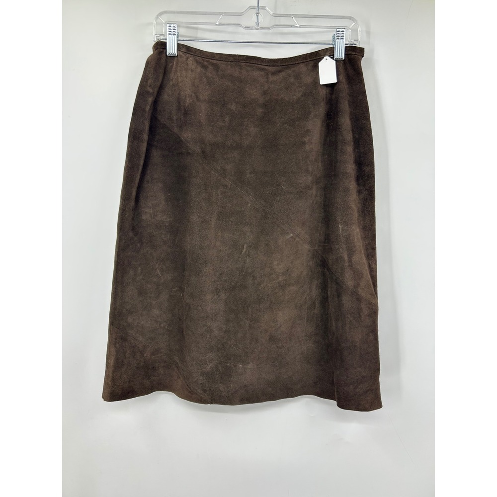 INC International Concepts Brown Suede Leather Midi Skirt Seam Detail Size 6